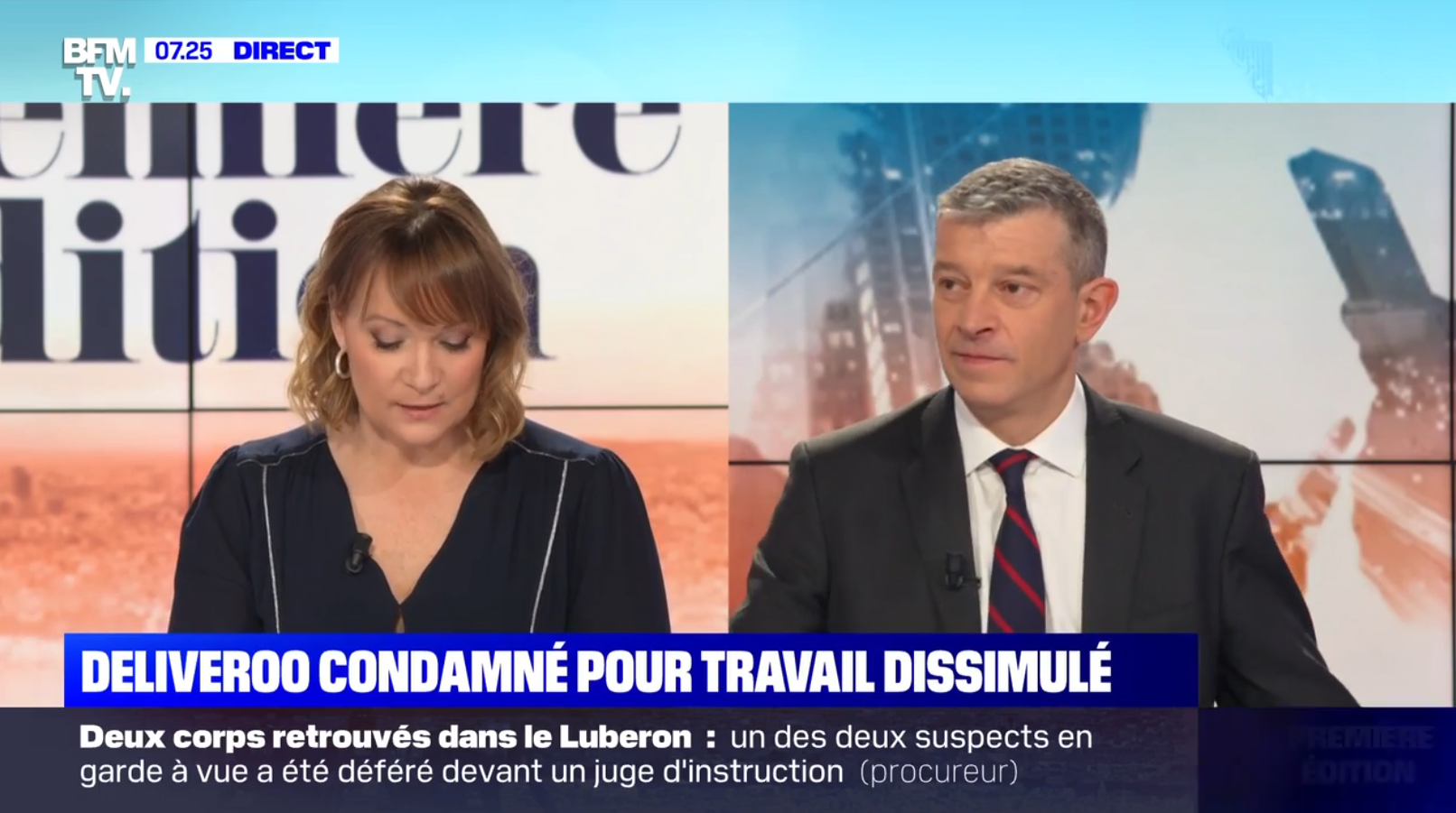 Écran de BFM TV annonçant la condamnation de Deliveroo pour travail dissimulé.