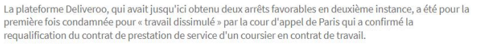 Extrait de Les Échos : Travail dissimulé : la cour d'appel condamne à son tour Deliveroo.