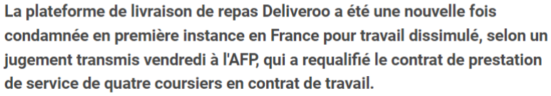 Extrait de Trends-Tendances : Deliveroo encore condamné en France.