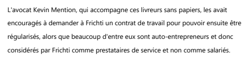 Extrait de RT France : La moitié des livreurs sans papiers de l'entreprise Frichti sur la voie de la régularisation.