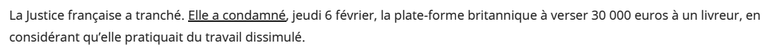 Extrait de Le Télégramme : Les plates-formes de livraison rattrapées par la Justice.