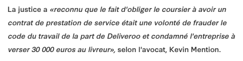 Extrait de Libération : Deliveroo condamné en France pour travail dissimulé.