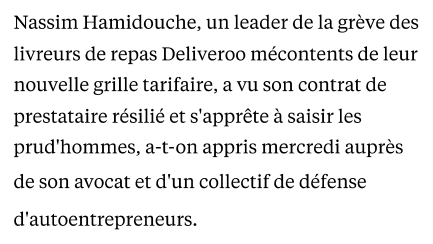 Extrait de La Croix : Un des leaders de la grève contre Deliveroo radié par la plateforme.