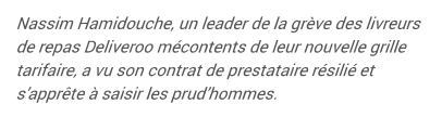 Extrait de Le Télégramme : Deliveroo. Un des leaders de la grève radié par la plateforme.