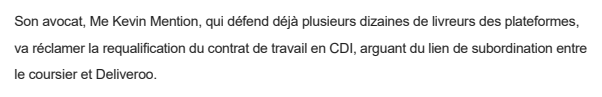 Extrait de Sud Ouest : Deliveroo : un des leaders de la grève des livreurs radié par la plateforme.