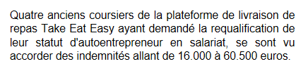 Extrait de BFM TV : D'anciens coursiers de la plateforme Take Eat Easy ont été indemnisés.