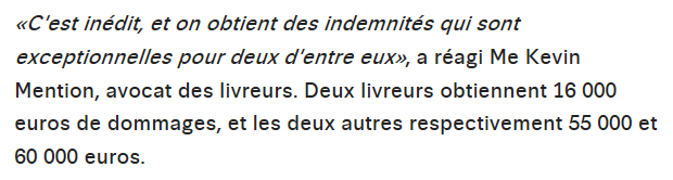 Extrait de Libération : Quatre livreurs de plateformes requalifiés en salariés par un juge professionnel.