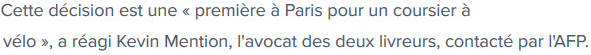 Extrait de Boursorama : Paris : les prud'hommes requalifient deux coursiers à vélo en salariés.