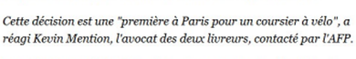 Extrait de L’Obs : Deux coursiers à vélo requalifiés en salariés par les prud’hommes de Paris.