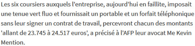 Extrait de Les Échos : A Nice, six coursiers à vélo requalifiés en salariés.