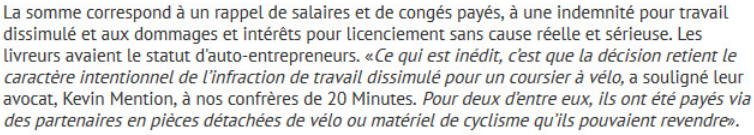 Extrait de Tribuca : Pour les Prud'hommes de Nice, les coursiers à vélo sont bien des salariés.