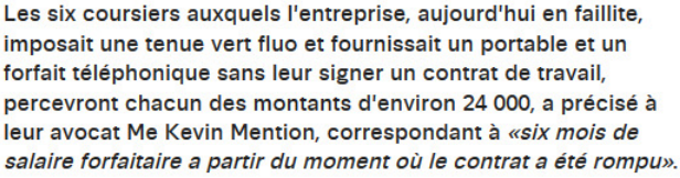 Extrait de Libération : Nice : six coursiers à vélo requalifiés en salariés et indemnisés aux Prud'homme.