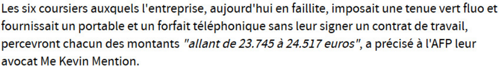 Extrait de Nice-Matin : Six livreurs à vélo requalifiés en salariés et indemnisés à Nice.