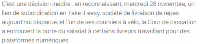 Extrait de Le Télégramme : Livraison de repas. La justice reconnaît le statut salarié d’un coursier à vélo.