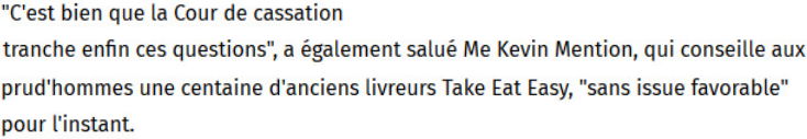 Extrait de Europe 1 : La justice reconnaît un lien de subordination entre Take Eat Easy et un coursier à vélo.