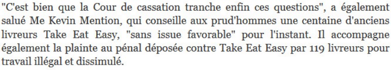 Extrait de Romandie : Livraison de repas: la justice reconnaît un lien de subordination entre Take Eat Easy et un coursier à vélo.