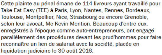 Extrait de Challenges : 114 coursiers portent plainte au pénal contre Take Eat Easy pour travail illégal et dissimulé.