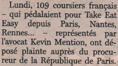 Extrait de Le Soir : Une plainte au pénal contre Take Eat Easy en France.