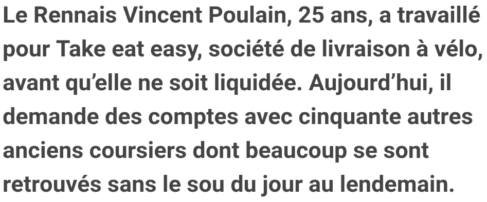 Extrait de Ouest-France : Rennes. Les anciens coursiers à vélo de Take eat easy à l’offensive.