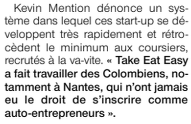Extrait de Ouest-France : Coursiers à vélo, ça recrute et ça déchante....