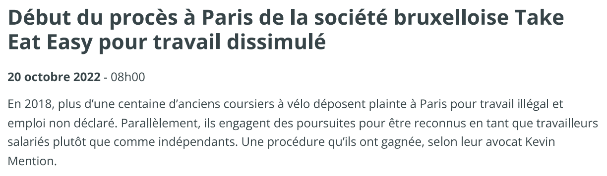 Extrait de BX1 : Début du procès à Paris de la société bruxelloise Take Eat Easy pour travail dissimulé.