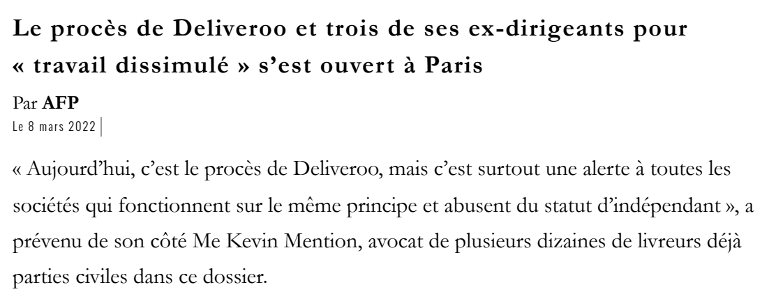 Extrait de Medias24 : Le procès de Deliveroo et trois de ses ex-dirigeants pour « travail dissimulé » s’est ouvert à Paris.