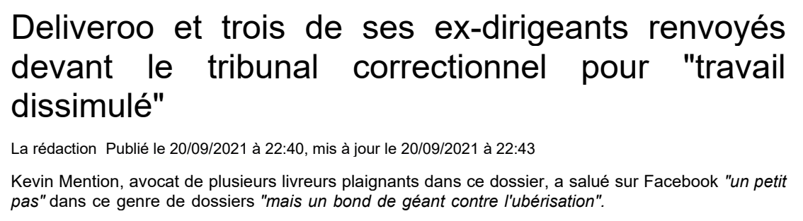 Extrait de Nice-Matin : Deliveroo et trois de ses ex-dirigeants renvoyés devant le tribunal correctionnel pour "travail dissimulé".