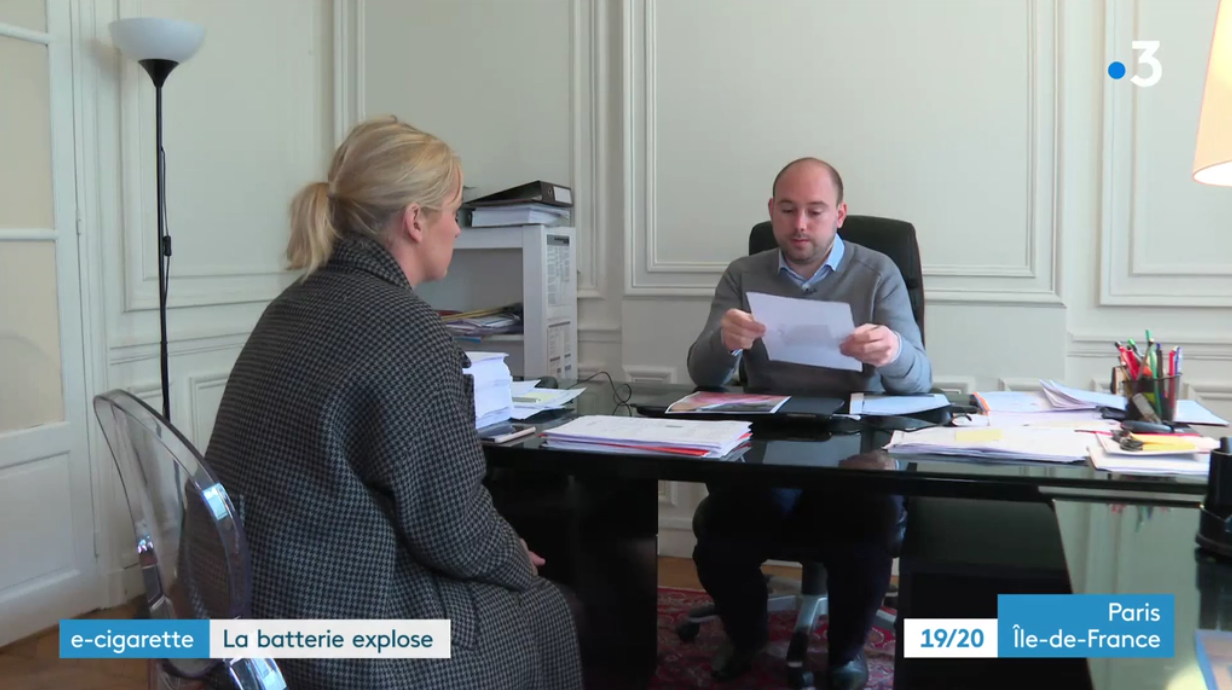 Kevin Mention dans le 19/20 Paris Île-de-France au sujet de l’explosion d’une batterie de cigarette électronique.