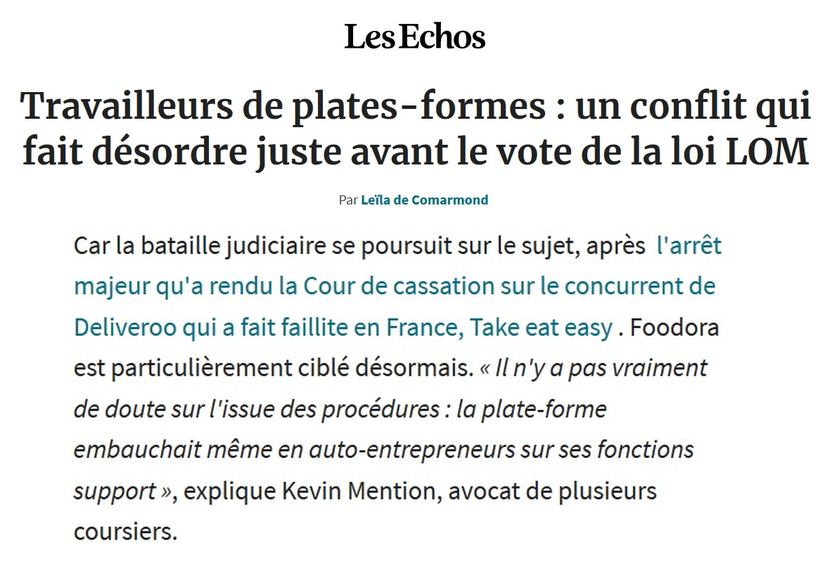 Extrait de Les Échos : Travailleurs de plates-formes : un conflit qui fait désordre juste avant le vote de la loi LOM.