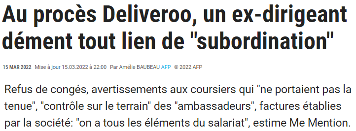 Extrait de TV5Monde : Au procès Deliveroo, un ex-dirigeant dément tout lien de "subordination".