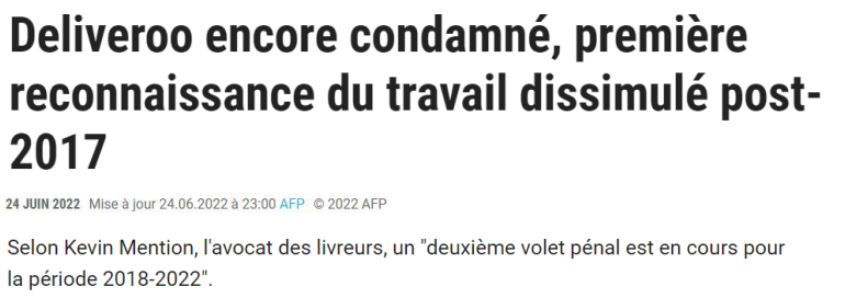 Extrait de TV5Monde : Deliveroo encore condamné, première reconnaissance du travail dissimulé post-2017.