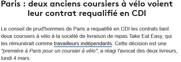 Extrait de Franceinfo : Paris : deux anciens coursiers à vélo voient leur contrat requalifié en CDI.